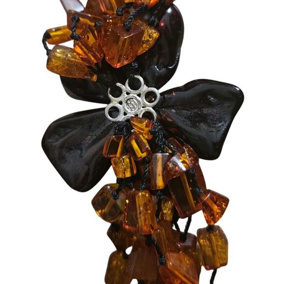 Baltic Amber Flower Statement Necklace Huge Bead Four Strand Tassel Cognac Brown - Picture 7 of 7